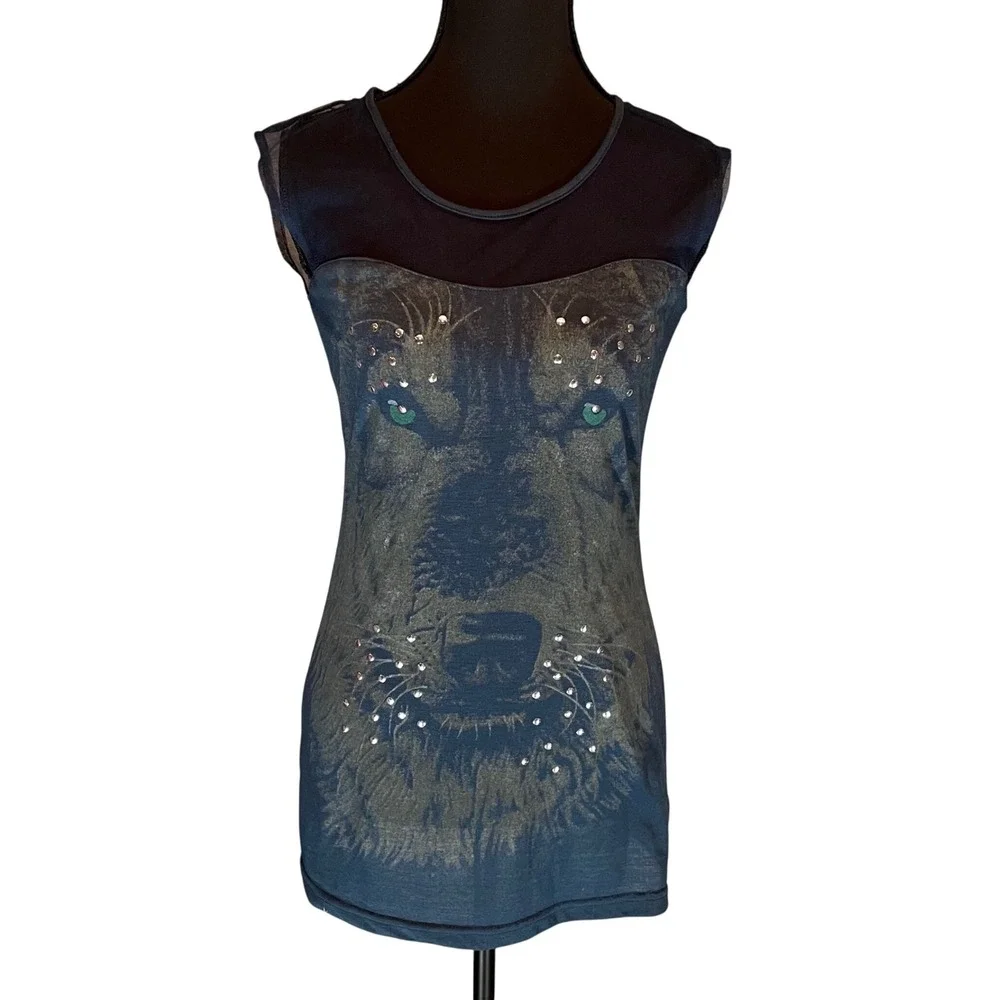 rue21 Womens Wolf Graphic Rhinestone Mesh Yoke Sleeveless Tunic Top M Whimsigoth